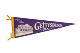 Vintage Gettysburg PA felt flag in purple, featuring a graphic of the National Museum and yellow ties.