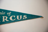 Aged turquoise felt pennant with cream 'RCUS' letters and frayed pointed end.