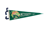 Green vintage Merritt BC Canada felt pennant with retro fish and fisherman graphic.
