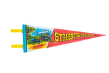 Vintage Strasburg Railroad felt flag, red, white, blue, with train and carriage graphic.