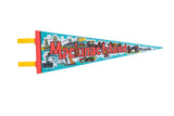 Vintage Mackinac Island felt pennant with retro light blue, red, and yellow graphics.