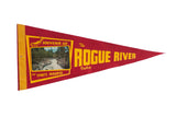 Vintage 1950s red felt pennant flag, Rogue River Valley, Oregon, with fish and postcard graphic.
