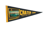 Vintage Crater Lake National Park felt flag, dark blue, yellow lettering, Wizard Island photo.