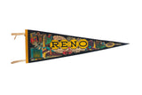 Vintage Reno Nevada felt pennant, black with yellow RENO lettering and retro casino graphics.