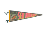 Vintage Sea Lion Caves Oregon Coast felt flag, retro sea lion graphic, red and yellow.