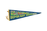 Navy blue vintage Depoe Bay Oregon Coast felt pennant with bridge, boat, bird graphics.