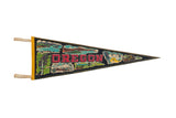 Vintage Oregon felt flag featuring colorful state landmark graphics, red 'OREGON' text, and glitter.
