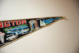 Washington felt pennant tip, with blue mountains, green trees, and gold braided trim.