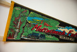 Yellow trim, waterfall graphic, and 'MADE IN U.S.A.' on vintage Oregon felt pennant.