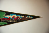 Vintage felt pennant detail: red glitter 'Falls' text, 'Oregon,' and Mt. Hood graphic.
