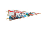 Vintage Sea Lion Caves Oregon Coast felt pennant with playful cartoon graphics and a gold rope trim.