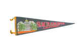 Vintage Sacramento California felt flag, dark gray, with retro State Capitol graphic, 9x26 inches.