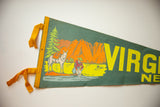 Left edge of vintage felt pennant, yellow ties, green tree, mule, panning man.