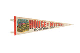 Vintage House of Mystery Gold Hill Oregon felt flag with colorful graphic and red lettering.