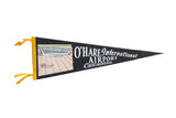 Vintage O'Hare International Airport black felt pennant, airplane graphic, yellow trim, 9x26 inches.