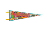 Vintage Paul Bunyan Logging Camp felt pennant with colorful Paul Bunyan and logger graphics, 8x25 inches.