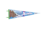 Vintage Acadia National Park Bar Harbor Maine felt flag, vibrant coastal graphic, purple text.