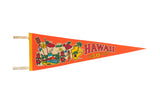 Bright orange vintage 1970s Hawaii The 50th State felt flag with island graphics, 9x26 inches.