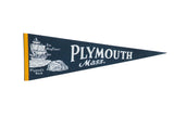 Vintage Plymouth Mass. felt pennant, dark blue, featuring Mayflower and Plymouth Rock.