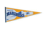 Vintage Seattle Mariners felt flag pennant, light grey, vivid orange, and royal blue lettering, circa 1980s, 12 by 28 inches.