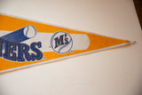 Pointed tip of the vintage felt pennant, showcasing its yellow and white sections and texture.