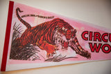 Angled view of the roaring tiger graphic on the vintage Ringling Bros. felt pennant.