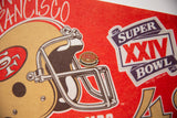 Red felt vintage 49ers pennant featuring Super Bowl XXIV graphic and 'Team of the 80s' pin.