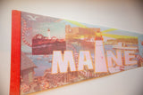 Vintage Maine felt flag pennant with red stitched edge and coastal photo collage.