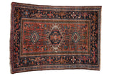 Vintage Karaja rug, triple medallion hook and latch design, madder red, navy, teal, 3'5