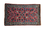 Vintage Persian Lilihan rug, allover raspberry field with powder blue, ivory blossoms, 2'4
