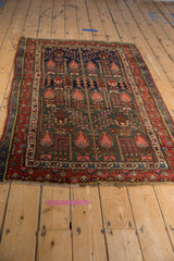 Kurdish Hamadan rug: dusty rose cypress trees, finned boteh, rich madder red border.