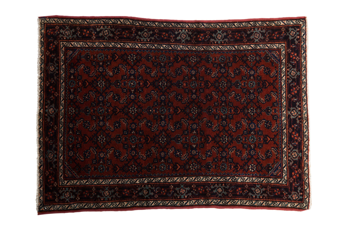 Vintage Persian Engelas rug with an allover Herati design in a rust and deep navy blue palette.