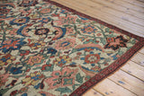 Antique Kurdish Bijar fragment rug: detailed Herati Mahimahi motif in beige, blue, blush, green.