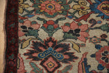 Antique Kurdish Bijar rug detail: Worn Herati Mahi-mahi pattern in blush, green, with red border.
