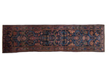 Vintage Lilihan runner with dark navy field, columned tree of life design, gem-tone blossoms, 2'9