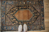 Vintage Hamadan rug with elongated sand medallion, navy boteh field, and blue vine border.
