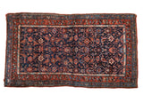 Vintage Kurdish Hamadan rug, geometric Herati design, navy and madder red palette. 3'4