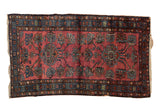 Vintage Lilihan rug, double medallions, long stemmed blossoms, raspberry red field, cobalt blue borders, 3'4