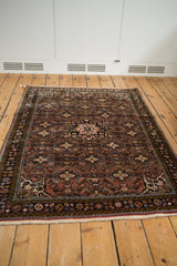 Detailed view of a vintage Hamadan rug corner with secure side selvage and Herati pattern.
