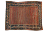 Vintage Persian Hamadan square rug, allover boteh design, dusty red, navy blue, heavy abrashes, 4x5.