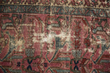 Vintage Persian Mehreban rug detail, showing worn dusty plum, teal, ivory foundation.