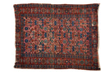 Vintage Lilihan square rug, allover lattice blossoms in raspberry, indigo, green, 3'5