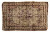Antique Kerman rug, ivory field, navy and cochineal red medallion, floral motifs, 2'7