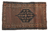 Antique Malayer rug: serrated navy medallion, dusty blush field with boteh motifs, 3'6