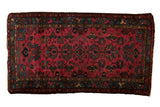 Vintage Fine Mehreban rug with raspberry red field and geometric palmette design, sapphire blue borders.