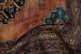 Antique Afshar rug borders with sapphire blue boteh and geometric patterns on madder field.