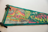Aged felt texture on the vintage Missouri pennant's colorful fisherman and dog graphic.