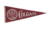 Vintage Colgate University felt flag pennant, maroon with white school seal and lettering, 12x30 inches.