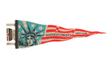 Vintage Statue of Liberty felt flag with blue star field and red and white stripes.