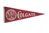 Vintage Colgate University felt pennant, maroon with cream school seal and lettering, 12x30 inches.